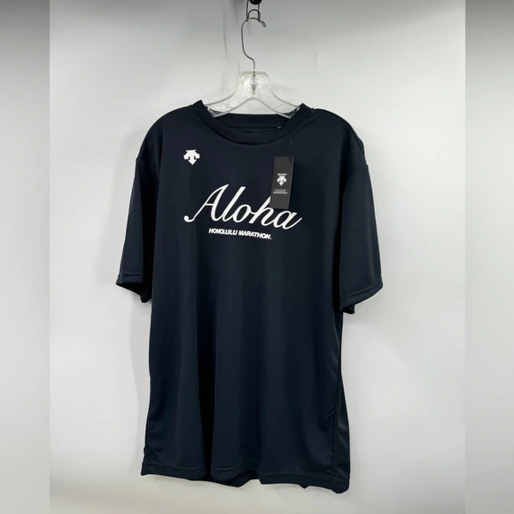 Descente Performance Shirt Aloha Marathon Mens XL Navy Blue Golf Running NWT - Picture 1 of 7